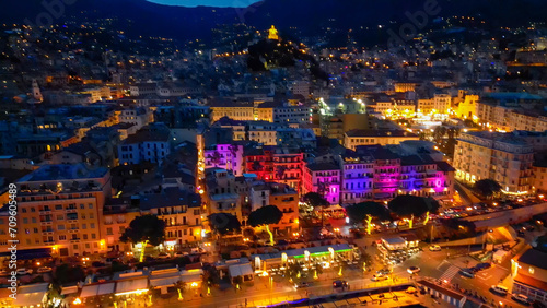 Aerial view of Sanremo at night  Italy. Port and city buildings