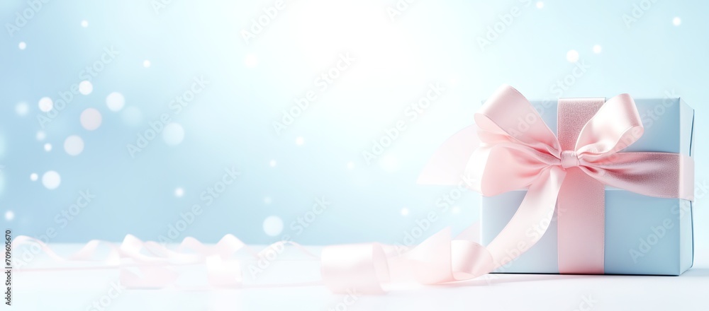 banner pastel colors gift box with elegant pink ribbon on a sparkling light blue background, copyspace for text, spring holidays, valentines day, mothers day and birthday card.