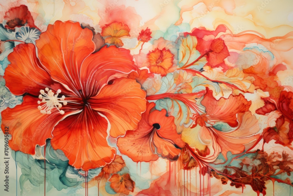  a painting of orange and red flowers on a white background with a splash of paint on the bottom of the painting.