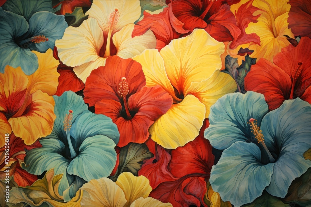  a painting of red, yellow, and blue flowers with green leaves on the bottom and bottom of the petals.