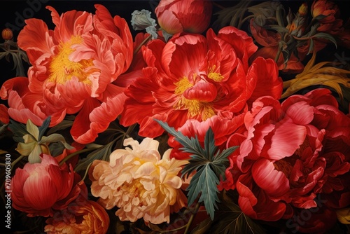  a close up of a bunch of flowers with red  yellow  and pink flowers in the middle of the picture.