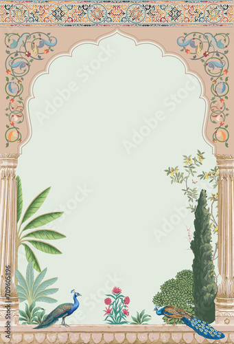 Traditional ethnic Mughal garden, arch, palace, peacock and pattern illustration frame for invitation photo