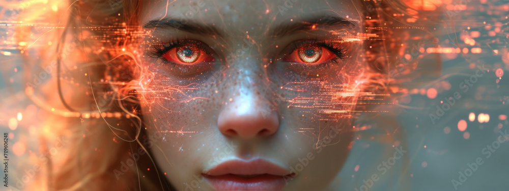 Ethereal Enigma, A Mesmerizing Portrait of a Woman With Fiery Red Eyes Amid a Surreal Haze