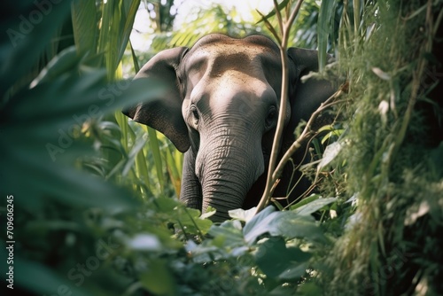  an elephant standing in the middle of a lush green forest filled with lots of trees and plants, with its trunk hanging over the top of the elephant's head.