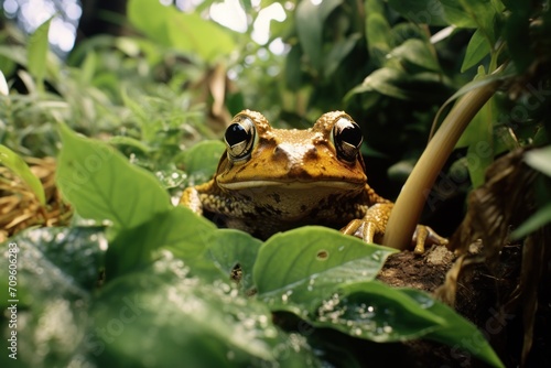 a close up of a frog sitting on a leafy surface in a forest with lots of green plants and leaves. © Nadia