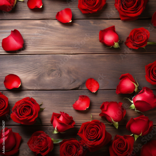 Red roses flowers with red hearts on old wooden background with place for text. Romantic Valentines holidays concept. Valentine's day greeting card. Copy space. Top view. Generative AI