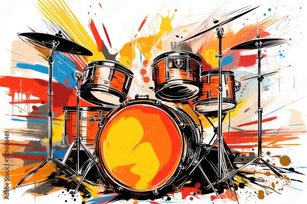 a drawing of a drum set with a splash of paint on the side of the drum set and a pair of drums on the side of the drum set. a drawing of a drum set with a splash of paint on the side of the drum set and a pair of drums on the side of the drum set.