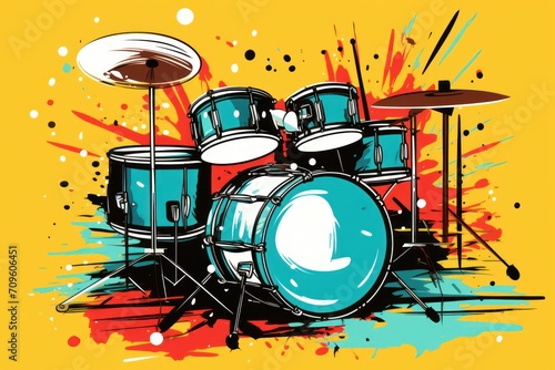  a drawing of a drum set on a yellow background with paint splatters and a drumet in the foreground.