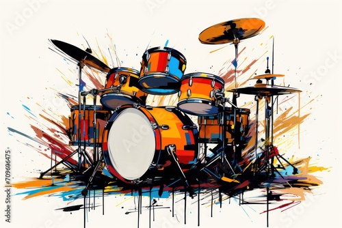  a painting of a drum set with drums and drumsticks on the drumsticks and drumsticks on the drumsticks on the drumsticksticksticks and drumsticks and drumsticks.
