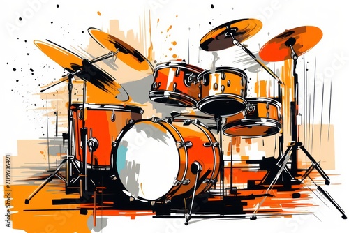  a drawing of a drum set with orange and white paint splattered on the side of the drum set. photo