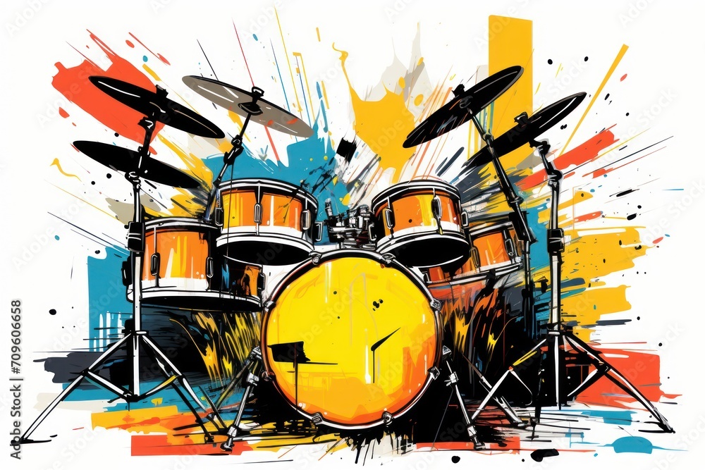 a drawing of a drum set with a clock on the side of the drum set and a splash of paint on the side of the drum set. a drawing of a drum set with a clock on the side of the drum set and a splash of paint on the side of the drum set.