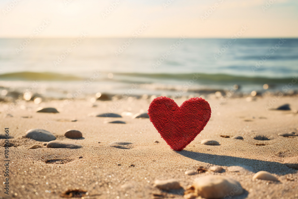 A red little heart stands on a sandy beach. In the background, a sea wave. Generative AI A red little heart stands on a sandy beach. In the background, a sea wave. Generative AI