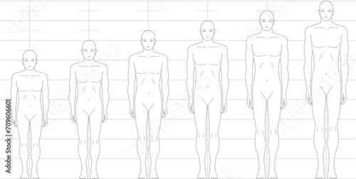 前から見た人間の身長バランス。
6.5頭身7頭身8頭身9頭身の
男性体形のイラスト