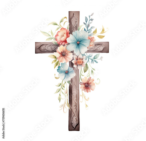 Cross with watercolor flowers on a white background. Religious floral illustration for Easter. Christian, Baptism, and First Communion Designs. Wooden cross art.