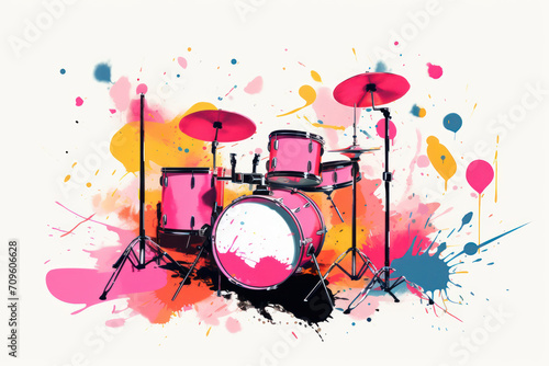  a painting of a pink drum set with a splash of paint on the bottom half of the drum set and the drums on the bottom half of the drum set.