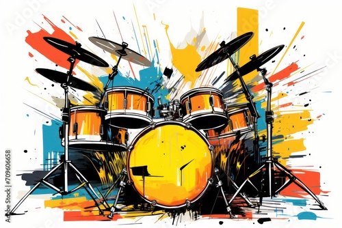  a drawing of a drum set with a clock on the side of the drum set and a splash of paint on the side of the drum set.