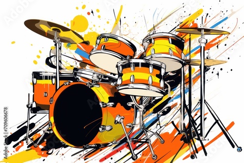  a drawing of a drum set with paint splatters and splashes on the side of the drum set.