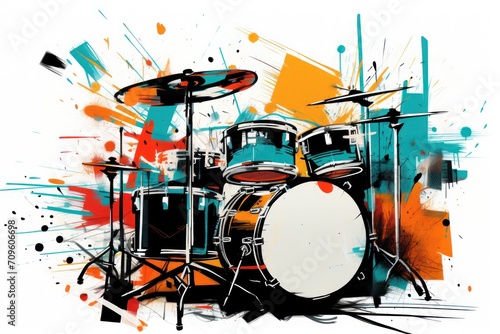  a painting of a drum set with a splash of paint on the side of the drum set and a pair of drums on the side of the drum set.