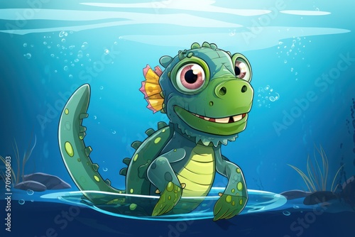  a green dragon under the water with a fish in it's mouth and a big smile on its face.