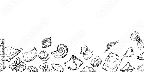 Hand drawn vector ink illustration. Ravioli pelmeni pierogi vareniki manti wonton conchiglie fagottini farfalle. Seamless banner isolated on white. Restaurant menu, food shop package, flyer, print. photo