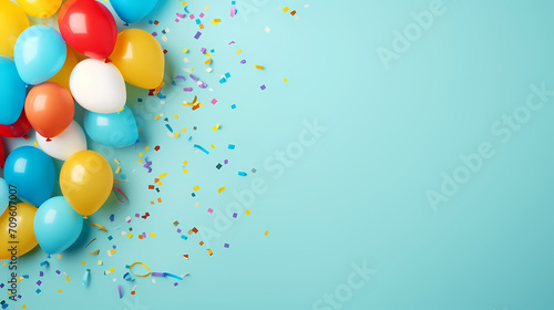Holiday celebration background with balloons  golden sparkling confetti and ribbons