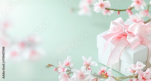 spring pastel colors banner on blue, gift box with pink ribbon among flowers, cherry blossoms, mothers day, valentines day and spring sales, copyspase for text.