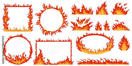 Flames frames. Different shapes of curved fires. Round, oval and square fiery borders. Hot red bonfires. Geometric burning forms. Flaming combustion. Inferno element. Recent vector set