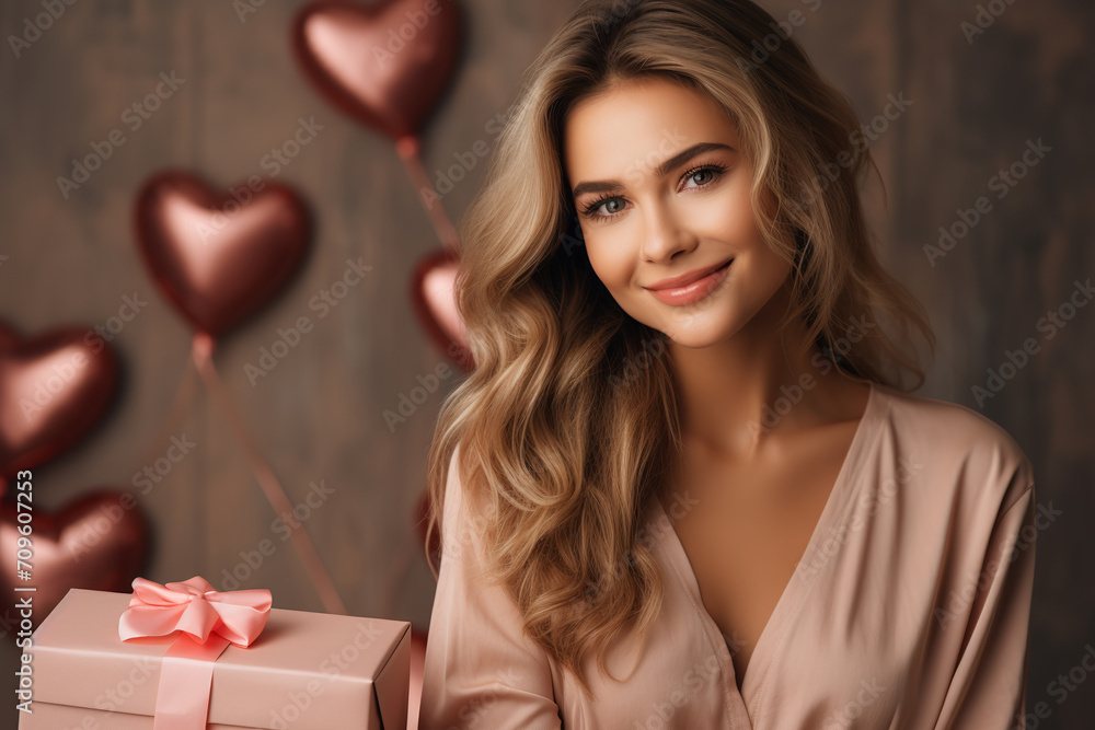 happy handsome caucasian woman holds red and pink gift box, valentine's day, brown background happy handsome caucasian woman holds red and pink gift box, valentine's day, brown background