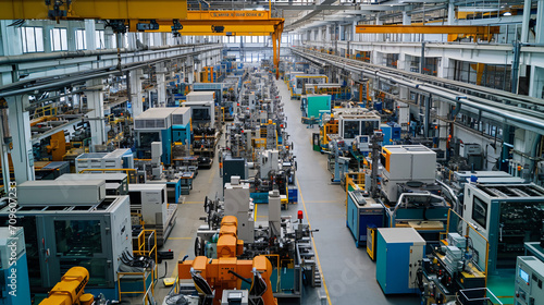 A bustling factory floor filled with state-of-the-art machinery in operation producing high-tech components.