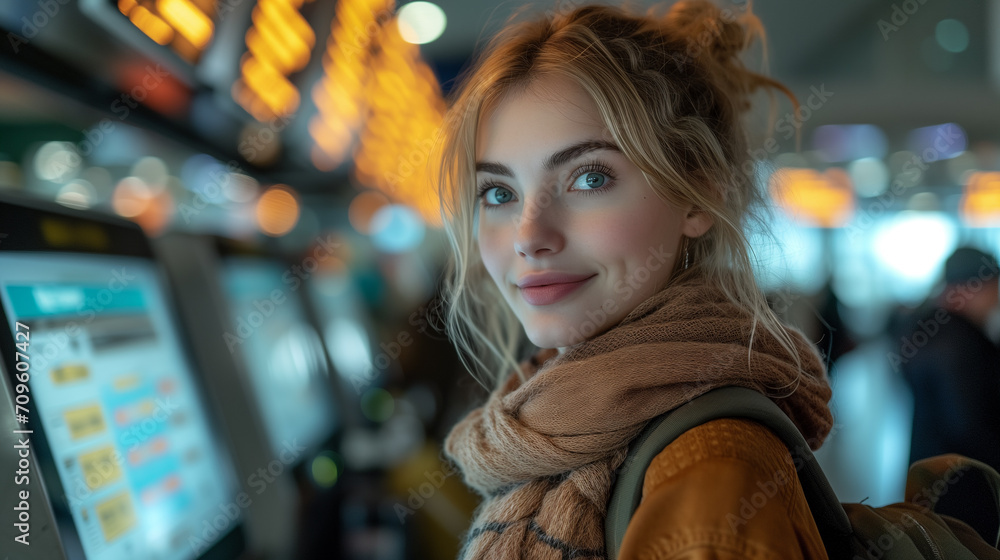 Portrait of a woman in a airport check-in area. Portrait of a woman in a airport check-in area.