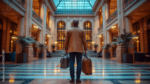 Backside of a man in a hotel hall with luggage. 