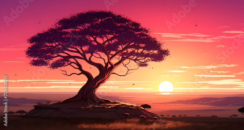 a lone tree with the sunset in the background