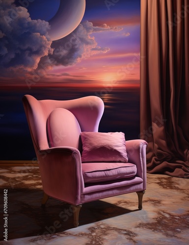 AI generated illustration of a beautiful pink chair near a window, offering a view of the ocean © Wirestock