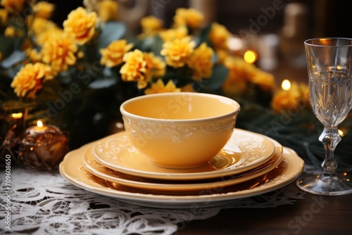  a close up of a plate with a cup and saucer on a table with yellow flowers in the background.
