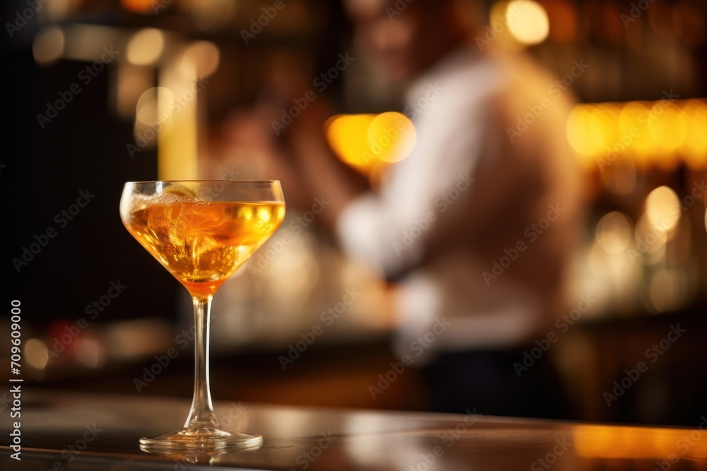  a close up of a wine glass on a bar with a person in the background in a blurry photo.