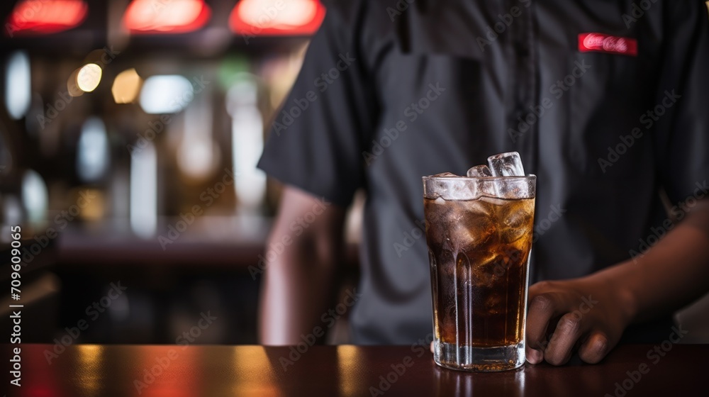  a close up of a person at a bar with a drink in the foreground and a bartender in the background.