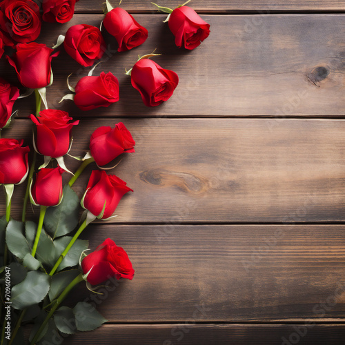Red roses flowers with red hearts on old wooden background with place for text. Romantic Valentines holidays concept. Valentine's day greeting card. Copy space. Top view. Generative AI