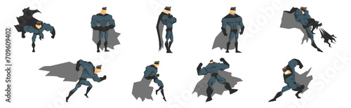 Man Superhero Character in Cloak and Mask in Different Pose Vector Set