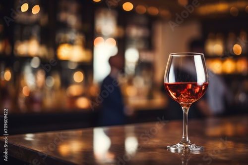  a glass of wine sitting on top of a counter next to a man in a dark room with a bar in the background.