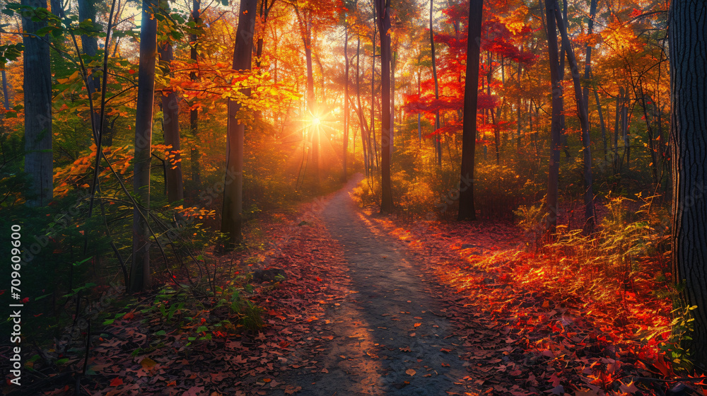 Autumn sunset landscape in a forest with vibrant fall foliage and a winding path.