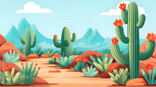 cartoon desert landscape with cactus and mountains in the background