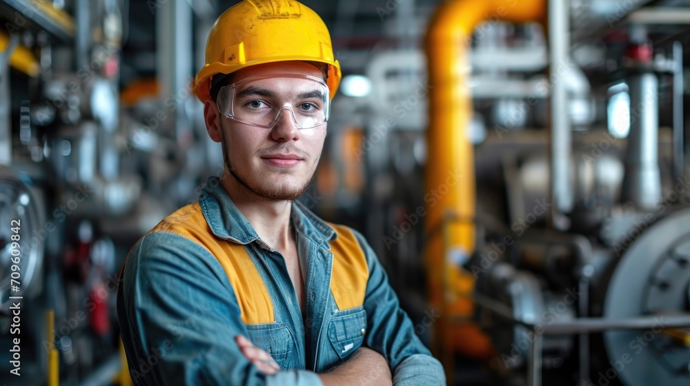 portrait photo of young male technician wearing safety equipment with heavy industrial machine factory in background