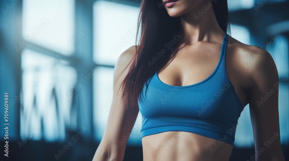  a close up of a woman in a blue sports bra top with her hand on her hip and her right hand on her hip.