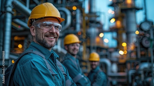 engineer team talking smile on gas power plant background © hakule