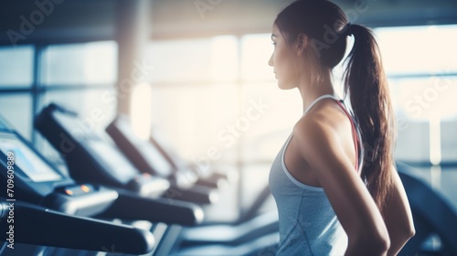  a woman running on a treadmill in a gym with a view of the sun shining through the window behind her. © Nadia