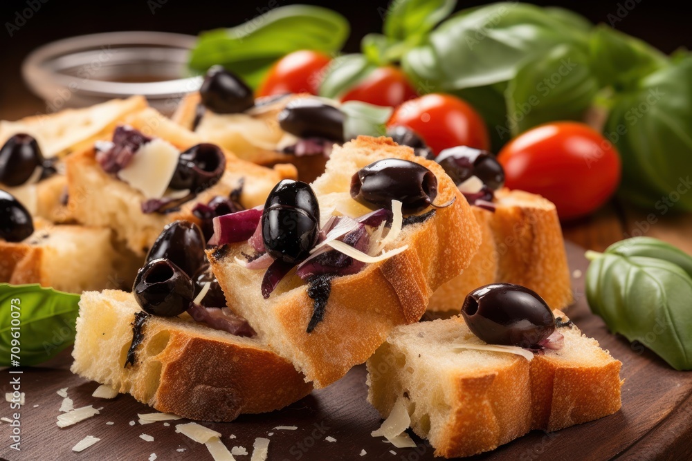 a wooden cutting board topped with slices of bread covered in olives, cheese, and breadcrumbs. a wooden cutting board topped with slices of bread covered in olives, cheese, and breadcrumbs.