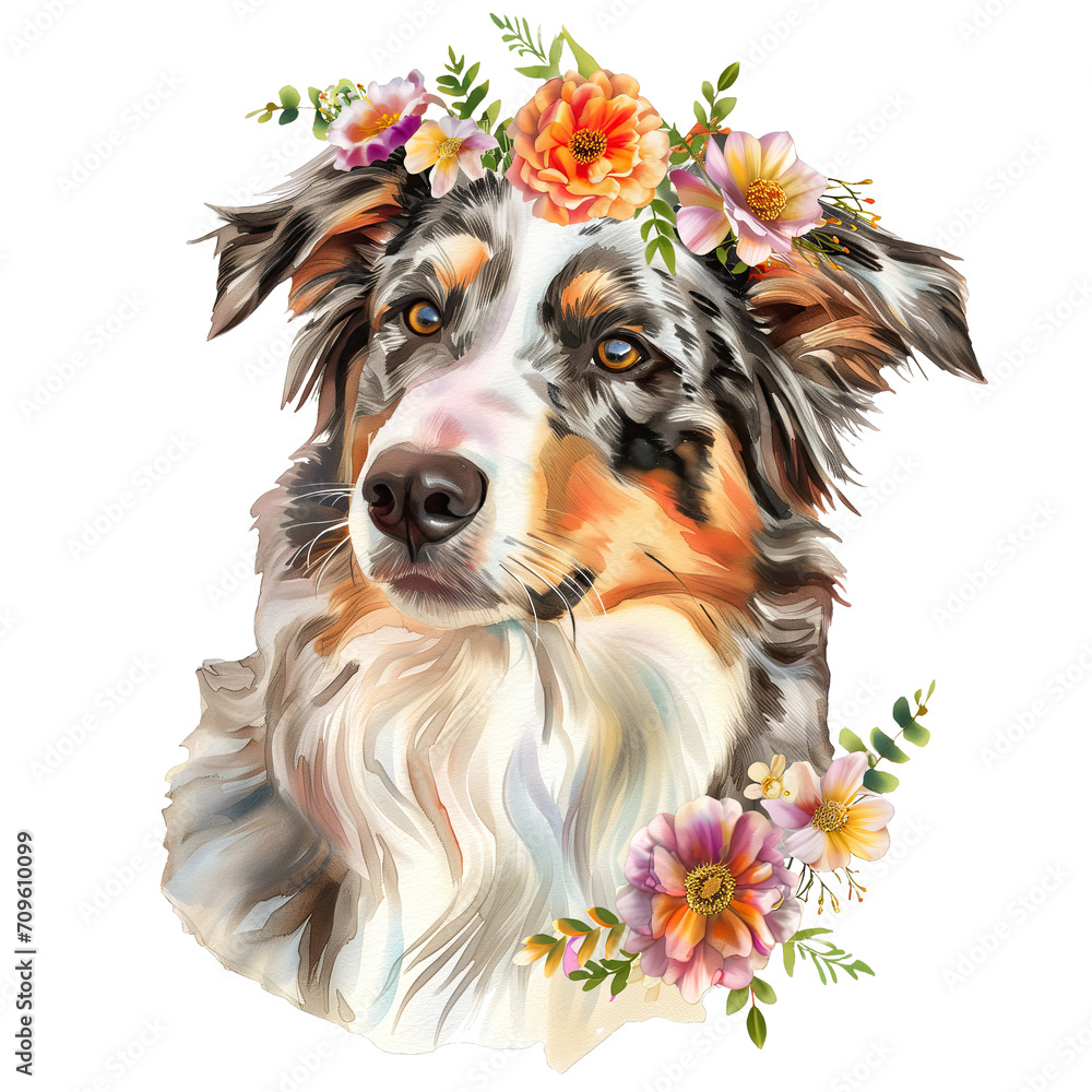 Fototapeta premium australian shepherd cute puppy with flower