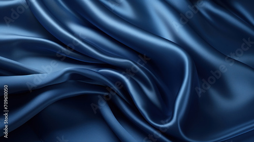 Elegant blue satin fabric with smooth waves and folds, conveying a sense of luxury and high-quality textile design.