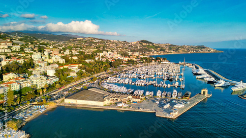 Sanremo, Italy. Aerial view of city port and skyline © jovannig