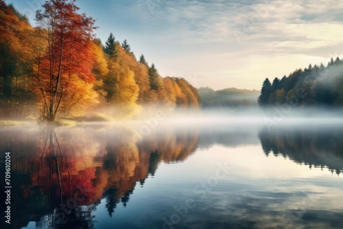  a body of water surrounded by a forest filled with lots of trees and surrounded by a forest filled with lots of orange and yellow trees.